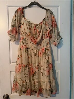 Blush Cream Floral Off-Shoulder Tiered Midi Dress with Pink Blossoms
